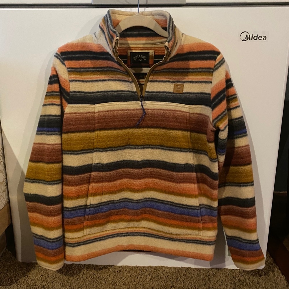 Billabong Striped Half-Zip Fleece Pullover in Cream, Orange, Mustard & Blue